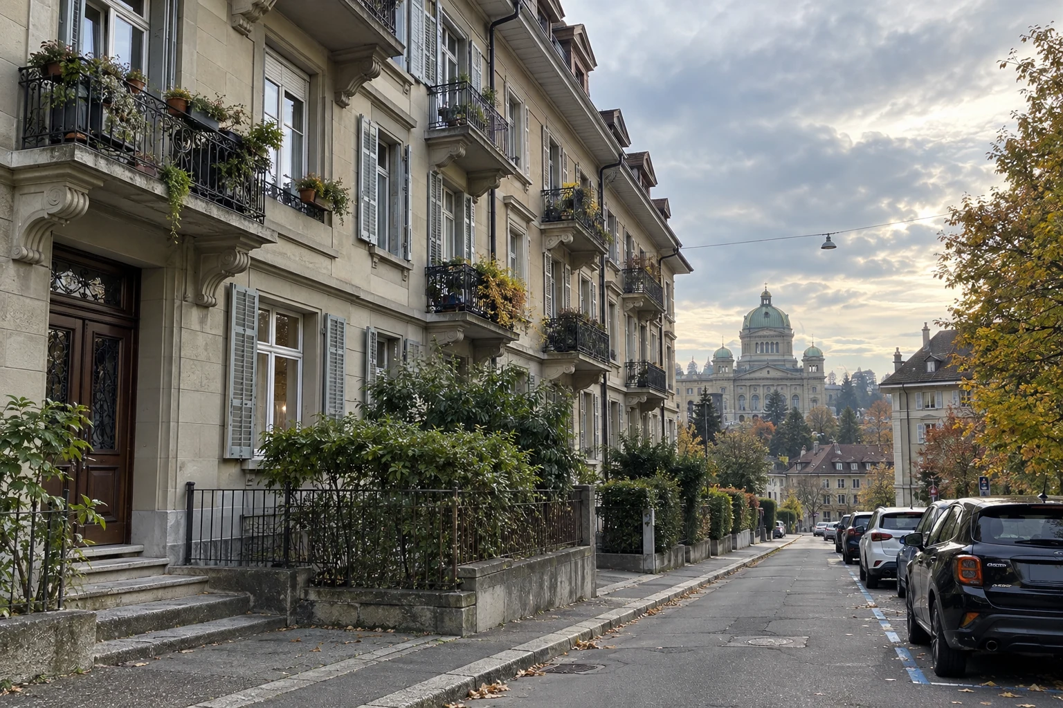 Rue bordée d’immeubles et perspective sur la ville