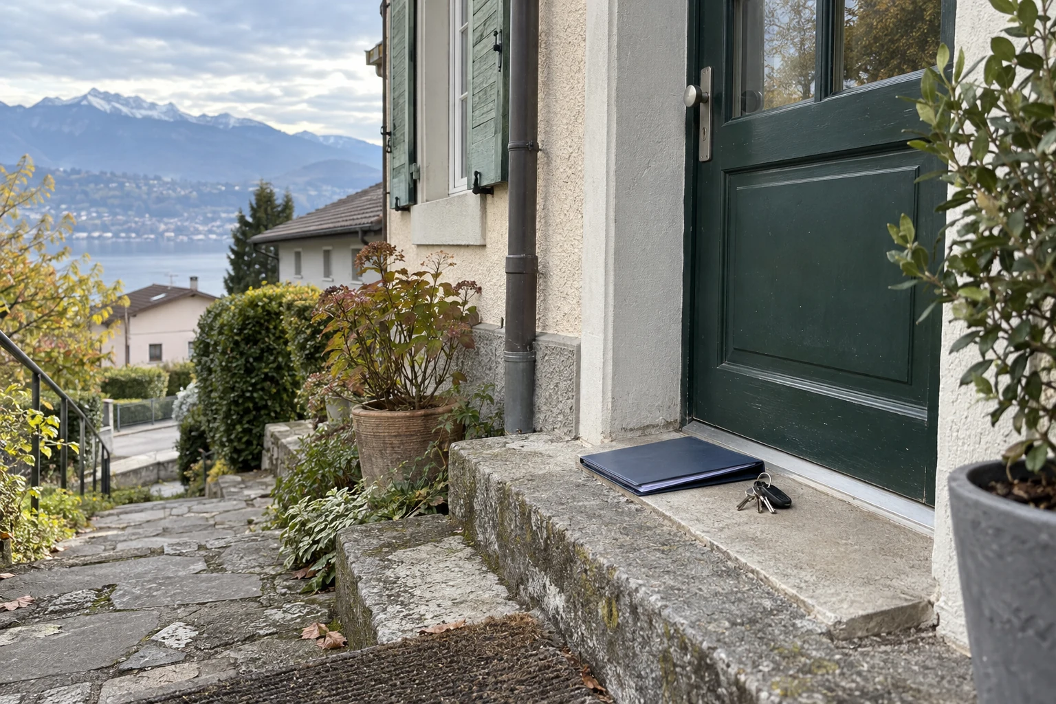 Entrée d’une maison en Suisse romande avec vue sur le lac