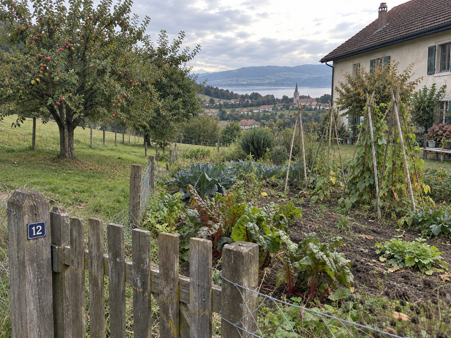 Maison avec verger et jardin arboré — Maison au bord du jardin, Verger, Potager clôturé, Lac en arrière-plan