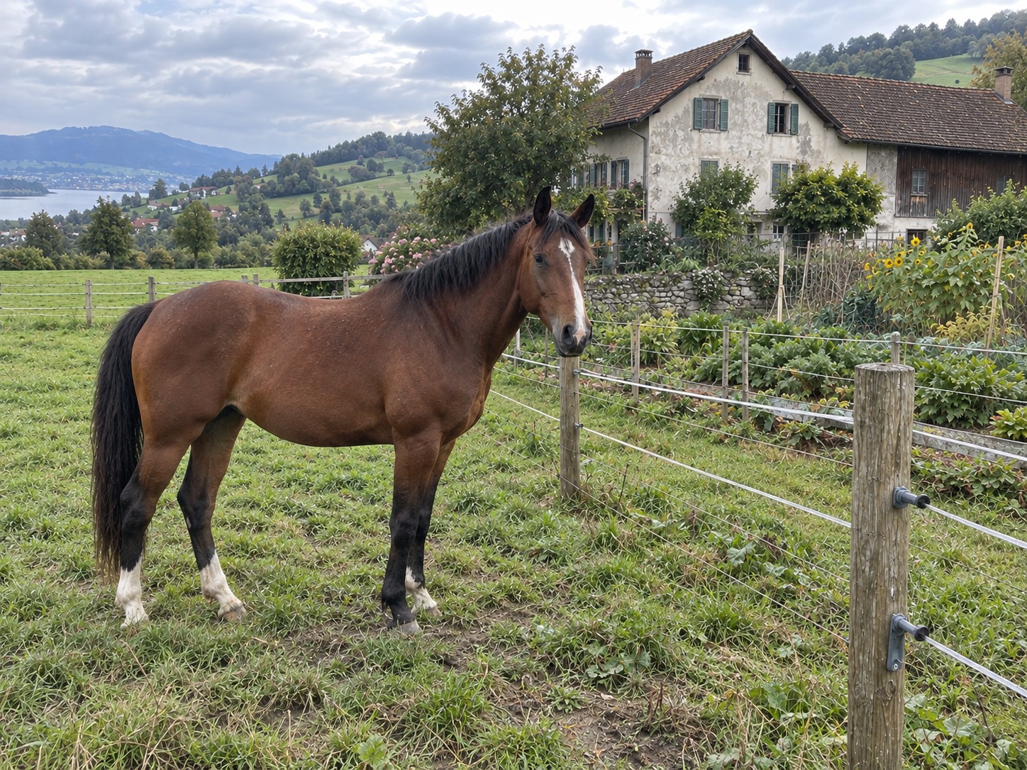 Maison avec grand verger et jardin — Maison et grange attenante, Pâturage clôturé, Potager cultivé, Cheval au pâturage